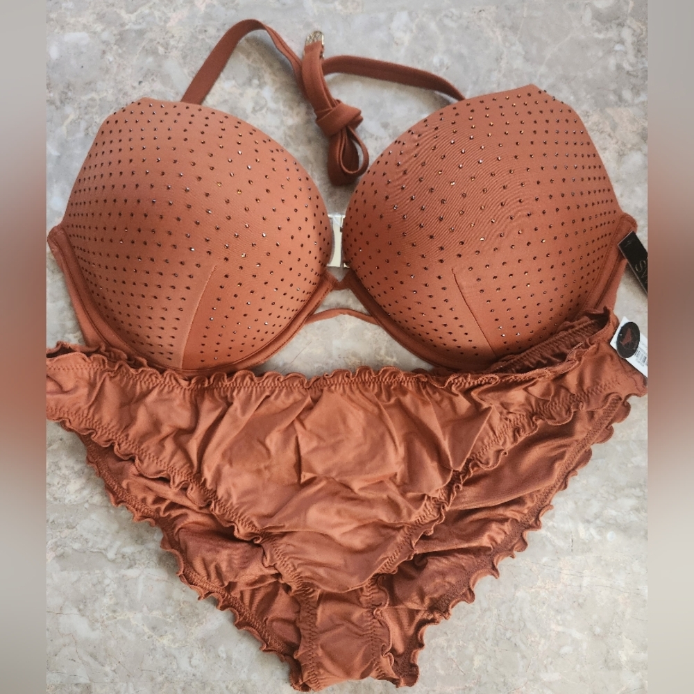 38D/L/XL VS Bombshell Diamanté Bikini Top Ruffle Cheeky Bikini Set
